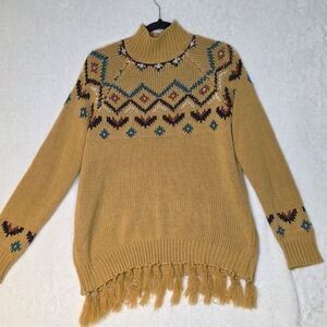 Vintage Wrangler Fringe Knitted Mustard Yellow Sweater Western Crewneck Size S